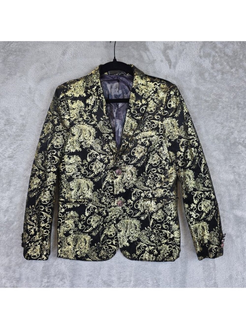 Gold Paisley Blazer Jacket Boys M Black Metallic Slim Party Wedding Formal